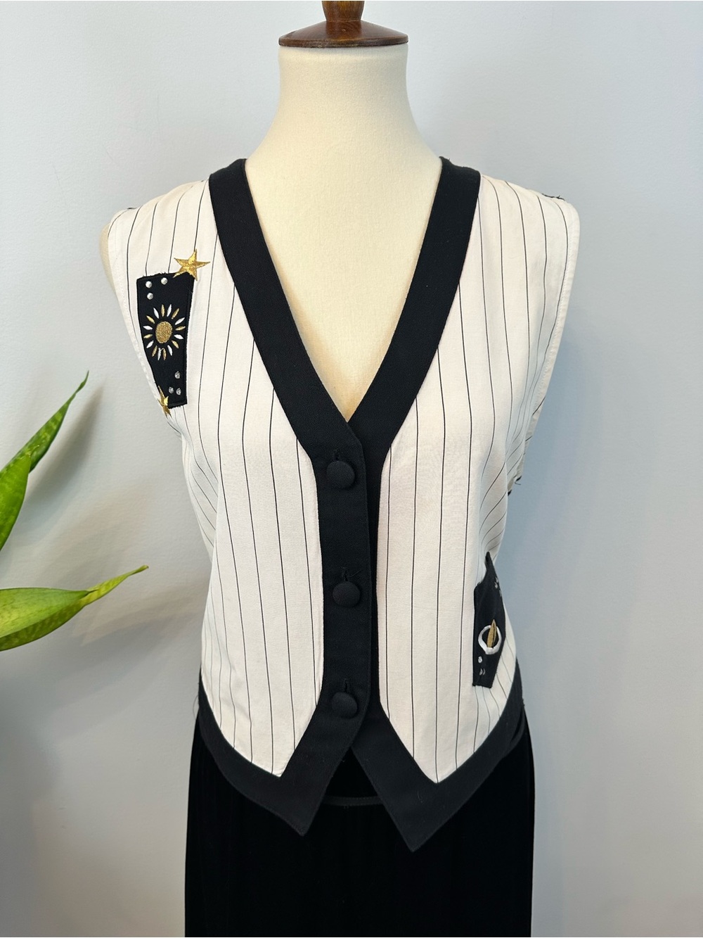 Vintage Whimsigoth Black & white Celestial pinstripe vest with sun and stars B2